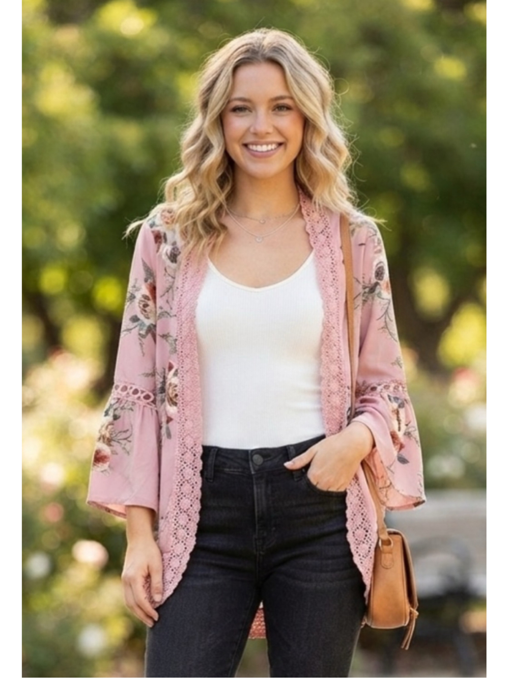 Ecowish M pink open lace trim floral wrap cardigan lightweight comfortable NEW